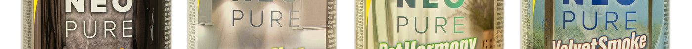 Cuatro soluciones NeoPure de KIMIA para neutralizar olores de tabaco, mascotas, cocina y sudor