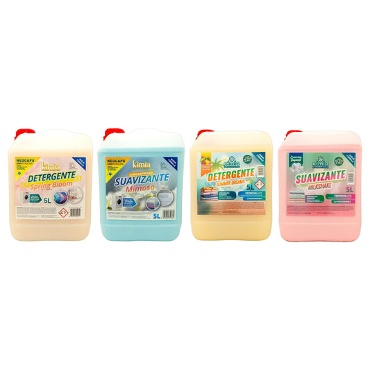 KIMIA - Pack Full Ropa Limpia | Detergente 5 L Spring Bloom + Detergente 5 L Summer Dreams + Suavizante Mimoso + Suavizante 5 L Milkshake | Limpieza y Suavidad Profunda | Protege Color de la Ropa