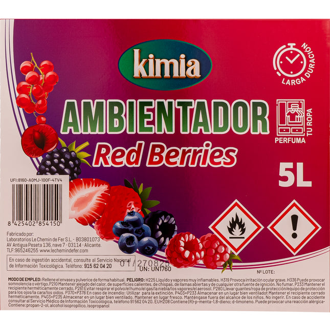 KIMIA | Pack Perfumador de Hogar Concentrado | Garrafa + Atomizador | Aroma Frutos Rojos | Ambientador Ideal para Hogar, Coche, Comercios y Hostelería | Concentración Alta en Esencias | 5L