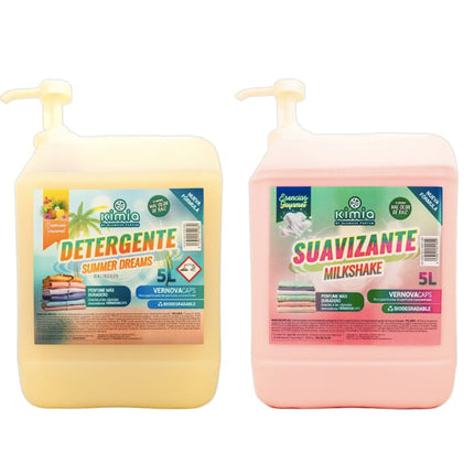 KIMIA - Pack Detergente Concentrado Summer Dreams + Suavizante Concentrado Milkshake 5L con Bomba | Limpieza Profunda | Fragancia Veraniega y Duradera | Protege Color de la Ropa | Suavidad y Frescor