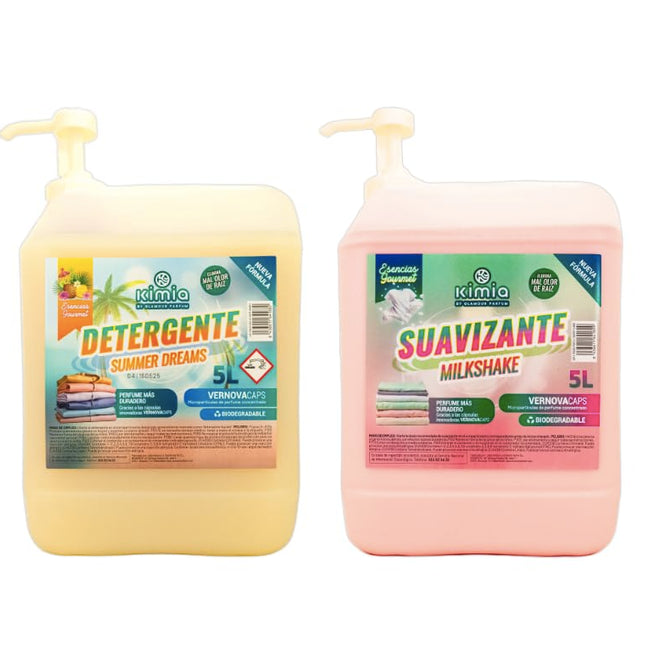 KIMIA - Pack Detergente Concentrado Summer Dreams + Suavizante Concentrado Milkshake 5L con Bomba | Limpieza Profunda | Fragancia Veraniega y Duradera | Protege Color de la Ropa | Suavidad y Frescor