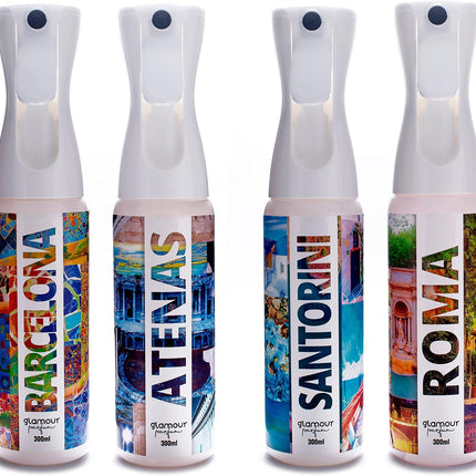 GLAMOUR PARFUM Pack 4 Ambientadores Mediterraneo Barcelona Atenas Santorini Roma 4x300ml