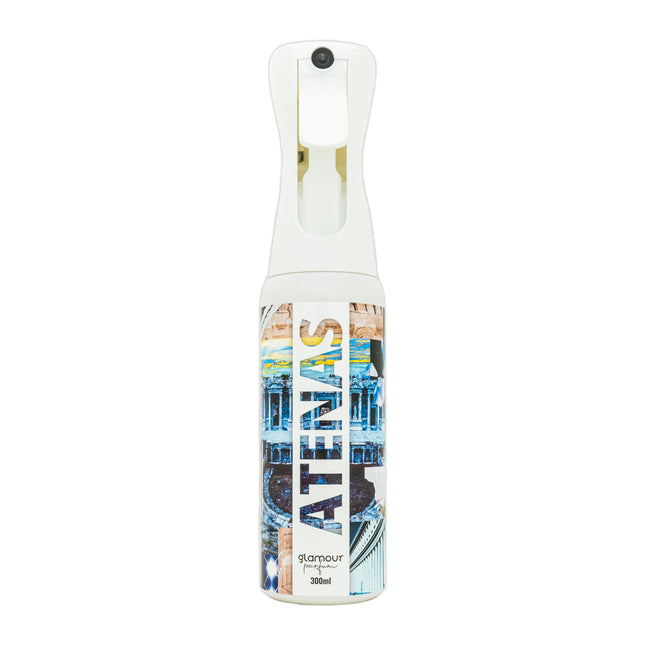 GLAMOUR PARFUM - Ambientador de Hogar Atenas - 300 ml - Pulverizador con Aroma Fresco y Cítrico - Ambientador Textil en Spray - para Pulverizar en la Cama o en Cortinas - Reutilizable