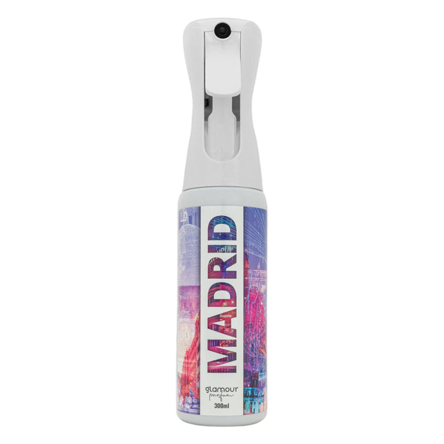 GLAMOUR PARFUM - Ambientador de Hogar Madrid - 300 ml - Pulverizador con Aroma Especiado - Ambientador Textil en Spray - para Pulverizar en la Cama o en Cortinas - Reutilizable