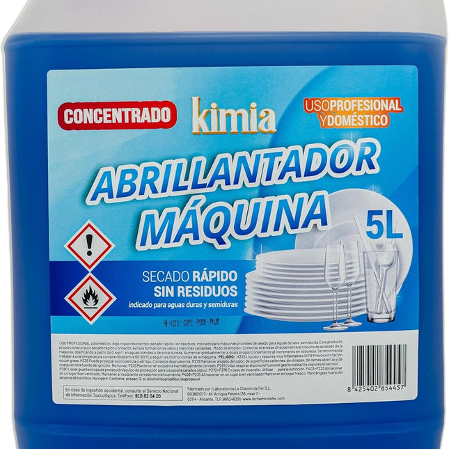 KIMIA - Abrillantador para Lavavajillas 5L | para Máquina | Secado Rápido y Brillo Impecable | Fórmula Profesional | Elimina Residuos y Evita Marcas de Agua | Uso Doméstico e Industrial
