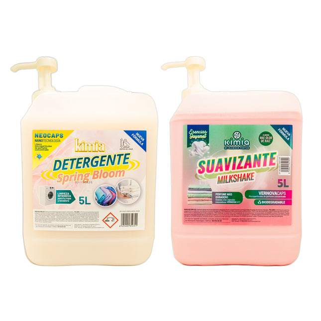 Pack KIMIA Detergente Spring Bloom 5L + Suavizante Milkshake 5L con bomba