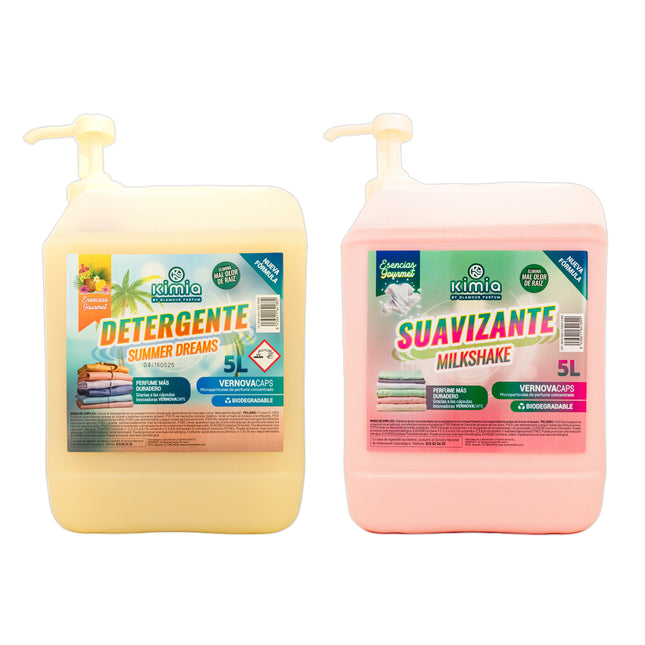Pack KIMIA Detergente Summer Dreams 5L + Suavizante Milkshake 5L con bomba