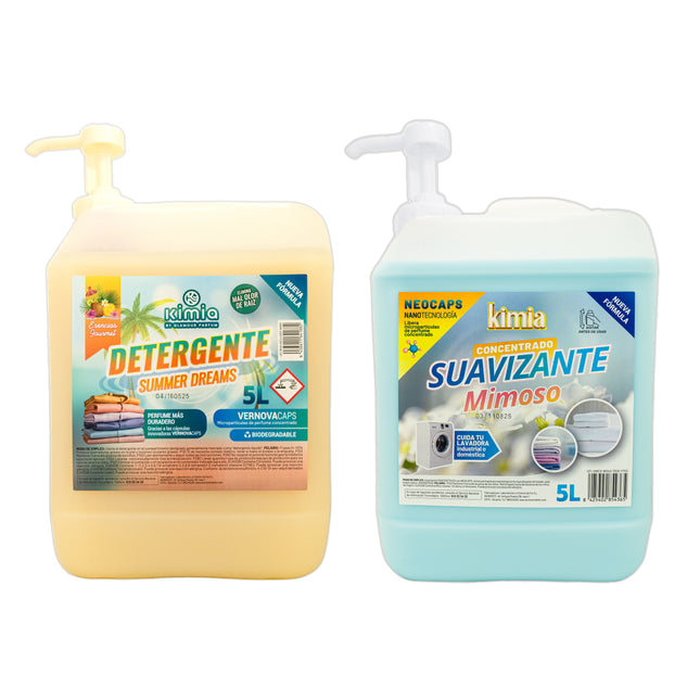 Pack KIMIA Detergente Summer Dreams 5L + Suavizante Mimoso 5L con bomba