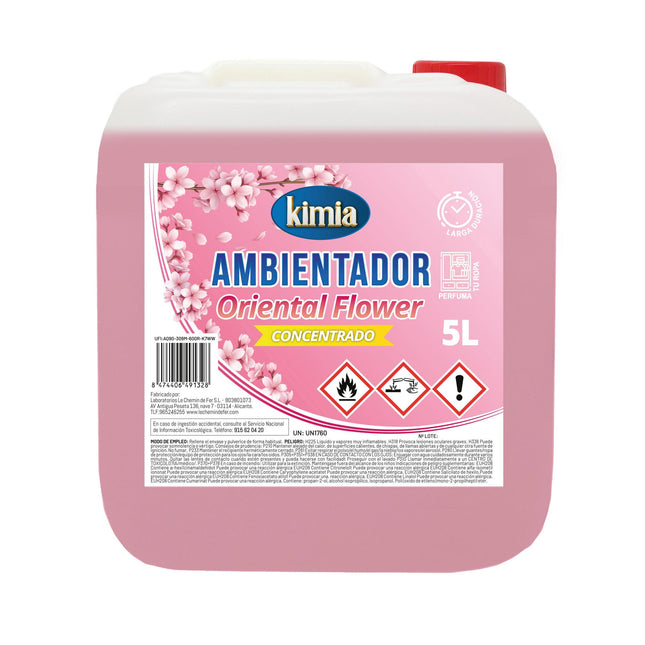 KIMIA | Pack Perfumador de Hogar Concentrado | Garrafa + Atomizador | Aroma Flores Orientales | Ambientador Ideal para Hogar, Coche, Comercios y Hostelería | Concentración Alta en Esencias | 5L