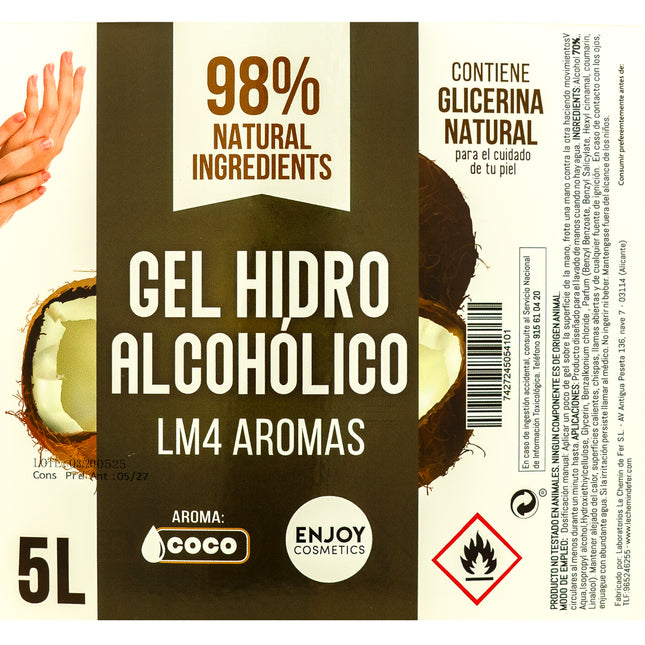 ENJOY COSMETICS - Gel Hidroalcohólico Aroma Suave a Coco 5L | 70% Alcohol | Con Glicerina Natural | Para el Cuidado de la Piel | 98% Ingredientes Naturales | Ideal para Casa y Comercios
