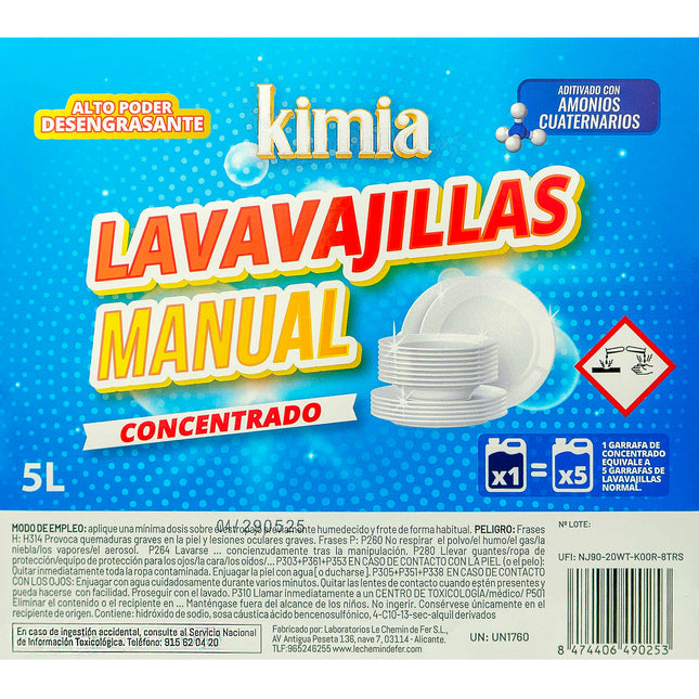 KIMIA | Detergente Lavavajillas Manual Bac Concentrado | Quitagrasa | Elimina la Suciedad Incrustada | Brillo Óptimo | 5L