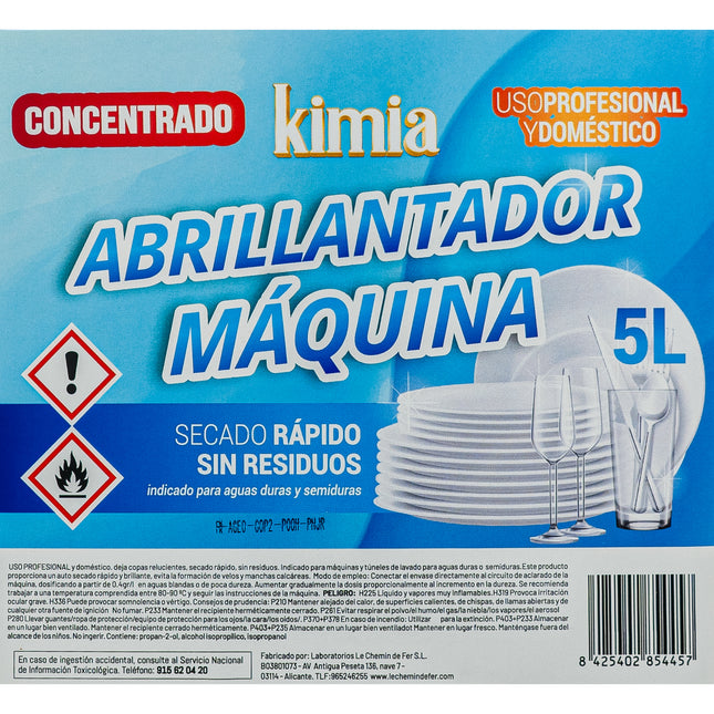 KIMIA | Abrillantador Líquido para Lavavajillas | Máquina | Quitagrasa | Profesional | Brillo Óptimo | Vajilla con Acabado Sin Marcas | Extra Cuidado para Vajillas Delicadas | Rápida disolución | 5L