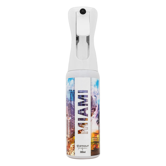 GLAMOUR PARFUM - Ambientador de Hogar Miami - 300 ml - Pulverizador con Aroma Cuero Floral - Ambientador Textil en Spray - para Pulverizar en la Cama o en Cortinas - Reutilizable