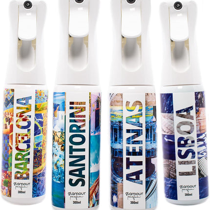 GLAMOUR PARFUM - Pack 4 Ambientadores de Hogar - Fragancia Barcelona, Santorini, Atenas y Lisboa - 4 x 300 ml - Pack Holidays Dreams - Ambientadores Textiles en Spray - Reutilizable