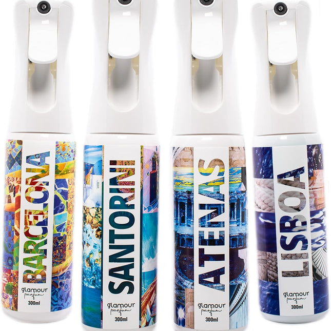 GLAMOUR PARFUM - Pack 4 Ambientadores de Hogar - Fragancia Barcelona, Santorini, Atenas y Lisboa - 4 x 300 ml - Pack Holidays Dreams - Ambientadores Textiles en Spray - Reutilizable