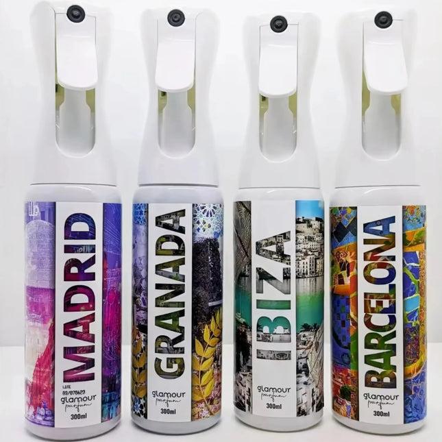 GLAMOUR PARFUM - Pack 4 Ambientadores de Hogar - Fragancia Madrid, Granada, Ibiza y Barcelona - 4 x 300 ml - Pack I Love Spain - Ambientadores Textiles en Spray - Reutilizable