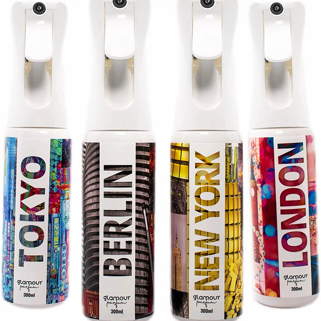GLAMOUR PARFUM - Pack 4 Ambientadores de Hogar - Fragancia Tokio, Berlín, New York y London - 4 x 300 ml - Pack Cosmopolitan - Ambientadores Textiles en Spray - Reutilizable