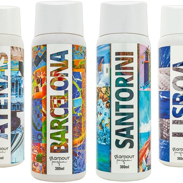 GLAMOUR PARFUM - Pack 4 Recambios Ambientador de Hogar - Fragancia Atenas, Barcelona, Santorini y Lisboa - 4 x 300 ml - Pack Cosmopolitan - Ambientadores Textiles de Hogar - Reutilizable