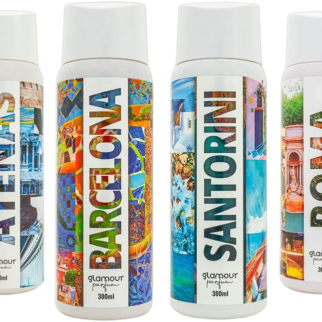 GLAMOUR PARFUM - Pack 4 Recambios Ambientador de Hogar - Fragancia Atenas, Barcelona, Santorini y Roma - 4 x 300 ml - Pack Cosmopolitan - Ambientadores Textiles de Hogar - Reutilizable
