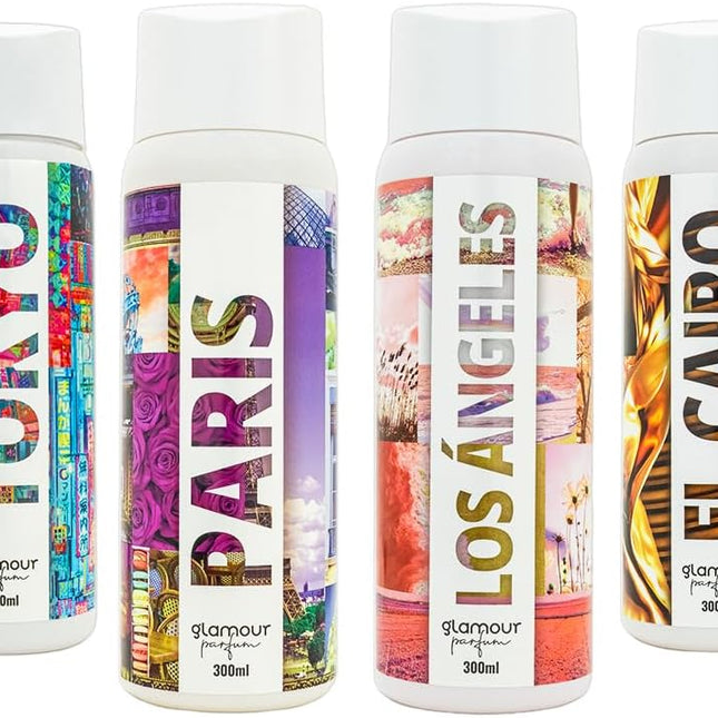 GLAMOUR PARFUM - Pack 4 Recambios Ambientador de Hogar - Fragancia Tokio, París, Los Ángeles y El Cairo - 4 x 300 ml - Pack Cosmopolitan - Ambientadores Textiles de Hogar - Reutilizable