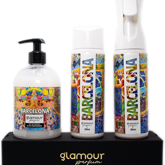 GLAMOUR PARFUM - Pack Ambientador Textil + Recambio 300 ml + Jabón de Manos 500 ml - Ambientador Hogar Barcelona - Aroma Cítrico y Jazmín - para Pulverizar en la Cama o en Cortinas