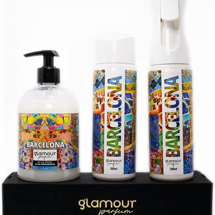GLAMOUR PARFUM - Pack Ambientador Textil + Recambio 300 ml + Jabón de Manos 500 ml - Ambientador Hogar Barcelona - Aroma Cítrico y Jazmín - para Pulverizar en la Cama o en Cortinas