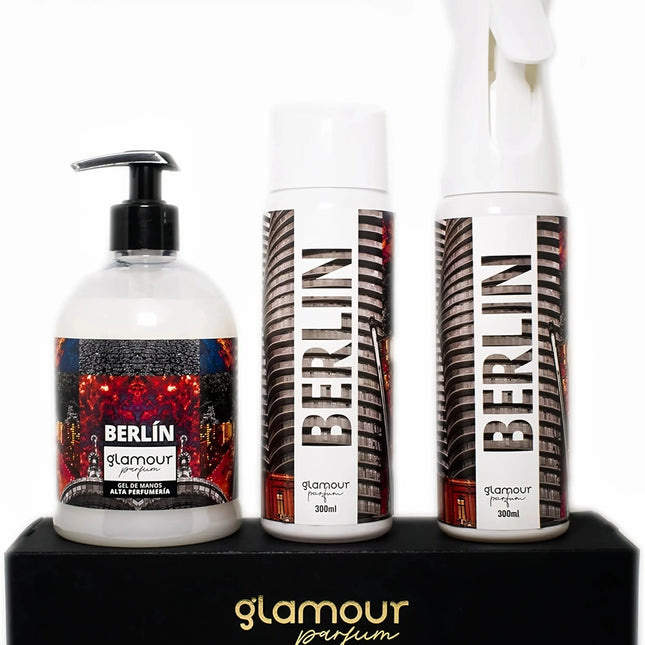 GLAMOUR PARFUM - Pack Ambientador Textil + Recambio 300 ml + Jabón de Manos 500 ml - Ambientador Hogar Berlín - Aroma Fresco - para Pulverizar en la Cama o en Cortinas