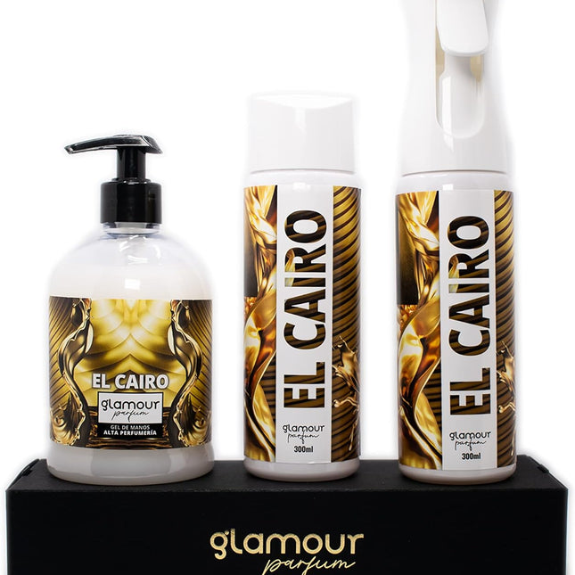 GLAMOUR PARFUM - Pack Ambientador Textil + Recambio 300 ml + Jabón de Manos 500 ml - Ambientador Hogar El Cairo - Aroma Frutal y Floral - para Pulverizar en la Cama o en Cortinas