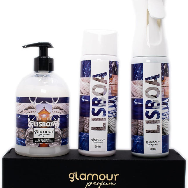 GLAMOUR PARFUM - Pack Ambientador Textil + Recambio 300 ml + Jabón de Manos 500 ml - Ambientador Hogar Lisboa - Aroma Fresco y Marino - para Pulverizar en la Cama o en Cortinas