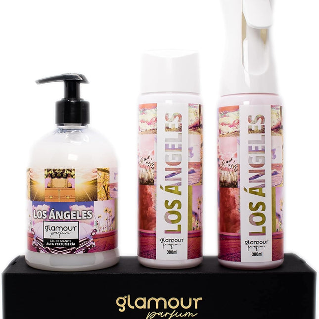 GLAMOUR PARFUM - Pack Ambientador Textil + Recambio 300 ml + Jabón de Manos 500 ml - Ambientador Hogar Los Ángeles - Aroma Fresco a Rosa - para Pulverizar en la Cama o en Cortinas