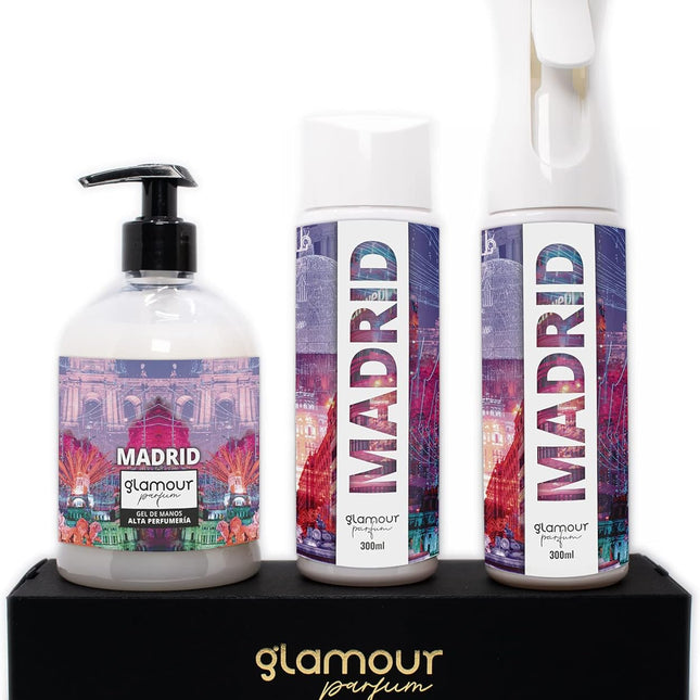 GLAMOUR PARFUM - Pack Ambientador Textil + Recambio 300 ml + Jabón de Manos 500 ml - Ambientador Hogar Madrid - Aroma Especiado - para Pulverizar en la Cama o en Cortinas