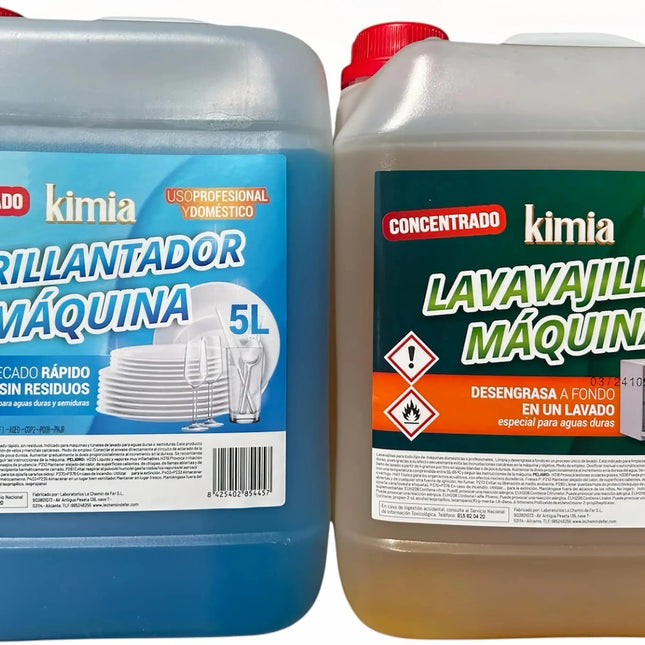 KIMIA | PACK DETERGENTE LIQUIDO CONCENTRADO + ABRILLANTADOR LAVAVAJILLAS | DESENGRASANTE | ELIMINA LA SUCIEDAD INCRUSTADA | BRILLO ÓPTIMO | LIMPIEZA PROFUNDA | 5L
