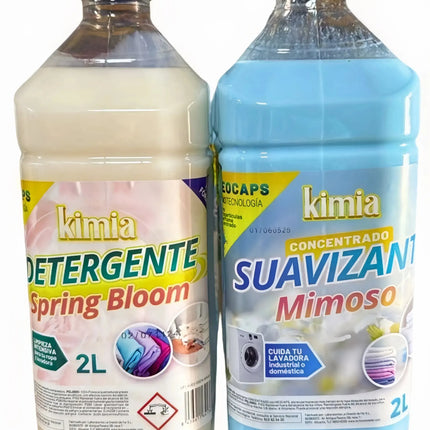 KIMIA - Pack Detergente Concentrado Spring Bloom 2L + Suavizante Concentrado Mimoso 2L | Limpieza Profunda | Fragancia Primaveral y Duradera | Protege Color de la Ropa | Suavidad y Frescor Duradero
