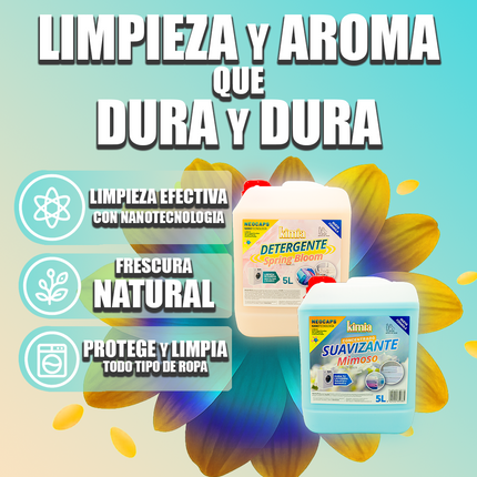 KIMIA - Pack Detergente Concentrado Spring Bloom + Suavizante Concentrado Mimoso 5L con Bomba | Limpieza Profunda | Fragancia Primaveral y Duradera | Protege Color de la Ropa | Suavidad y Frescor