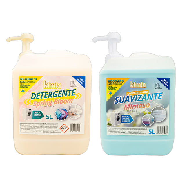 KIMIA - Pack Detergente Concentrado Spring Bloom + Suavizante Concentrado Mimoso 5L con Bomba | Limpieza Profunda | Fragancia Primaveral y Duradera | Protege Color de la Ropa | Suavidad y Frescor