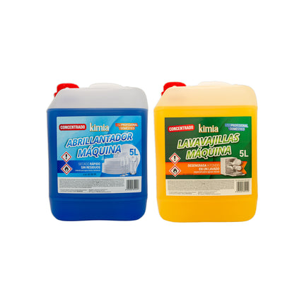 KIMIA - Pack Detergente Liquido Concentrado 5L + Abrillantador Lavavajillas 5L | para Máquina | Desengrasante | Elimina Suciedad Incrustada | Brillo Óptimo | Limpieza Profunda