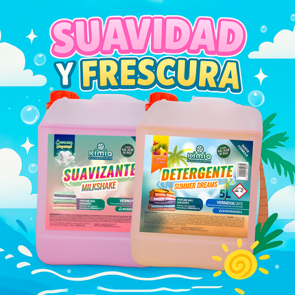 KIMIA - Pack Detergente Summer Dreams + Suavizante Concentrado Mimoso 5L con Bomba | Limpieza Profunda | Fragancia Primaveral y Duradera | Protege Color de la Ropa | Suavidad y Frescor Duradero