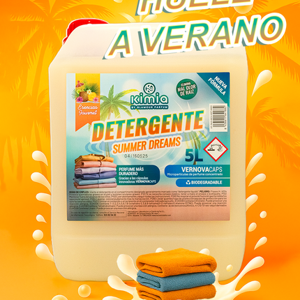 KIMIA - Pack Detergente Summer Dreams + Suavizante Concentrado Mimoso 5L con Bomba | Limpieza Profunda | Fragancia Primaveral y Duradera | Protege Color de la Ropa | Suavidad y Frescor Duradero