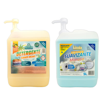 KIMIA - Pack Detergente Summer Dreams + Suavizante Concentrado Mimoso 5L con Bomba | Limpieza Profunda | Fragancia Primaveral y Duradera | Protege Color de la Ropa | Suavidad y Frescor Duradero