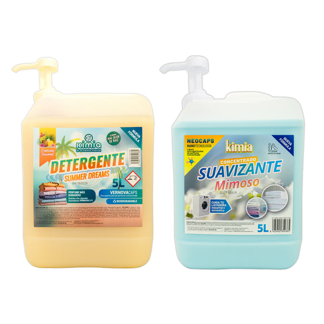 KIMIA - Pack Detergente Summer Dreams + Suavizante Concentrado Mimoso 5L con Bomba | Limpieza Profunda | Fragancia Primaveral y Duradera | Protege Color de la Ropa | Suavidad y Frescor Duradero