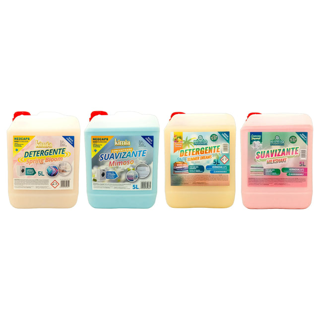 KIMIA - Pack Full Ropa Limpia | Detergente 5 L Spring Bloom + Detergente 5 L Summer Dreams + Suavizante Mimoso + Suavizante 5 L Milkshake | Limpieza y Suavidad Profunda | Protege Color de la Ropa