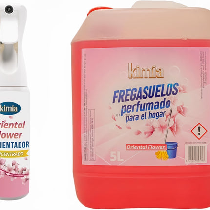 KIMIA - Pack Oriental Flowers Fregasuelos Concentrado 5L + Ambientador Concentrado 300 ml | Limpieza Profunda | Fragancia Floral y Duradera | para Todo Tipo de Suelos | Múltiples Aplicaciones