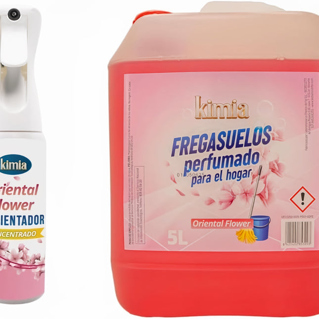 KIMIA - Pack Oriental Flowers Fregasuelos Concentrado 5L + Ambientador Concentrado 300 ml | Limpieza Profunda | Fragancia Floral y Duradera | para Todo Tipo de Suelos | Múltiples Aplicaciones