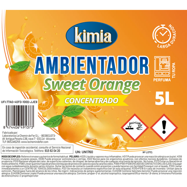 KIMIA | Pack Perfumador de Hogar Concentrado | Garrafa + Atomizador | Aroma Naranja Dulce | Ambientador Ideal para Hogar, Coche, Comercios y Hostelería | Concentración Alta en Esencias | 5L