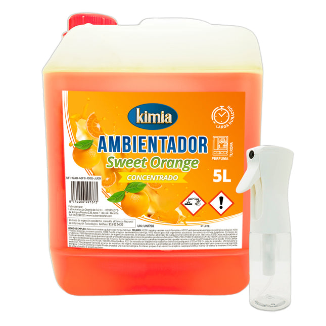 KIMIA | Pack Perfumador de Hogar Concentrado | Garrafa + Atomizador | Aroma Naranja Dulce | Ambientador Ideal para Hogar, Coche, Comercios y Hostelería | Concentración Alta en Esencias | 5L