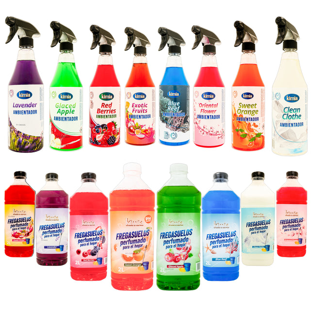 KIMIA - Pack Sensorial | 8 ambientadores concentrados de 750 ml + 8 fregasuelos de 2 L | Neutraliza olores | Limpieza profunda | Multisuperficie