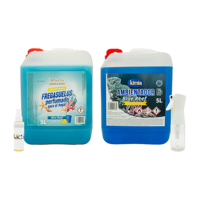 KIMIA - Pack Sensorial Concentrado Blue Reef | Ambientador 5L+ Fregasuelos 5L | Fragancia Duradera Aroma Marino | Fórmula Concentrada | Limpiador de Suelo | Limpieza Profunda