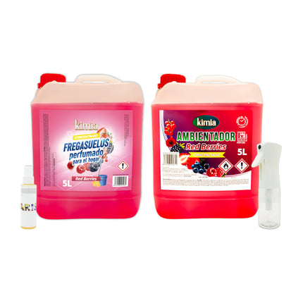 KIMIA - Pack Sensorial Concentrado Red Berries | Ambientador 5L+ Fregasuelos 5L | Fragancia Duradera Frutos Rojos | Fórmula Concentrada | Limpiador de Suelo | Limpieza Profunda