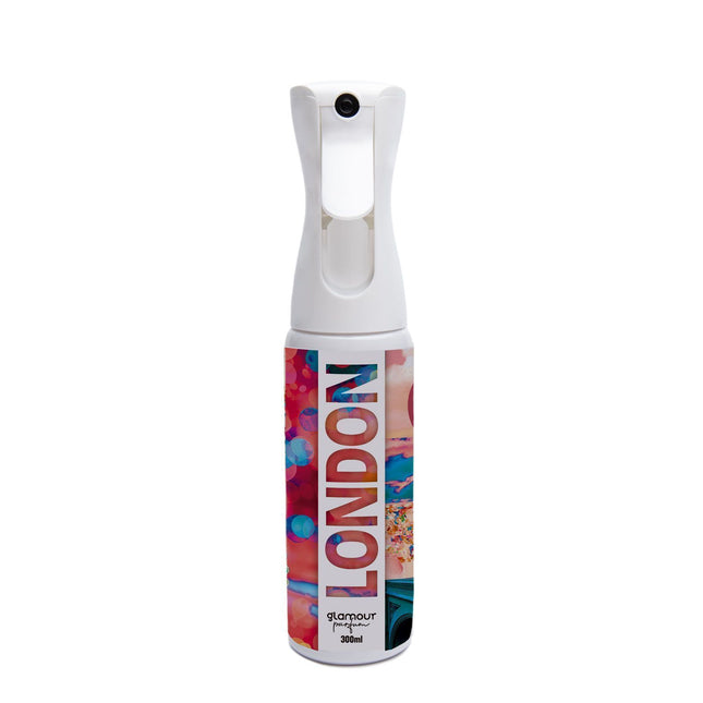GLAMOUR PARFUM - Ambientador de Hogar Londres - 300 ml - Pulverizador con Aroma Floral y Amaderado - Ambientador Textil en Spray - para Pulverizar en la Cama o en Cortinas - Reutilizable