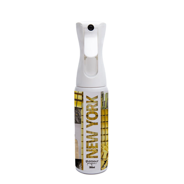 GLAMOUR PARFUM - Ambientador de Hogar New York - 300 ml - Pulverizador con Aroma Amaderado, Dulce y Fresco - Ambientador Textil en Spray - para Pulverizar en la Cama o en Cortinas - Reutilizable